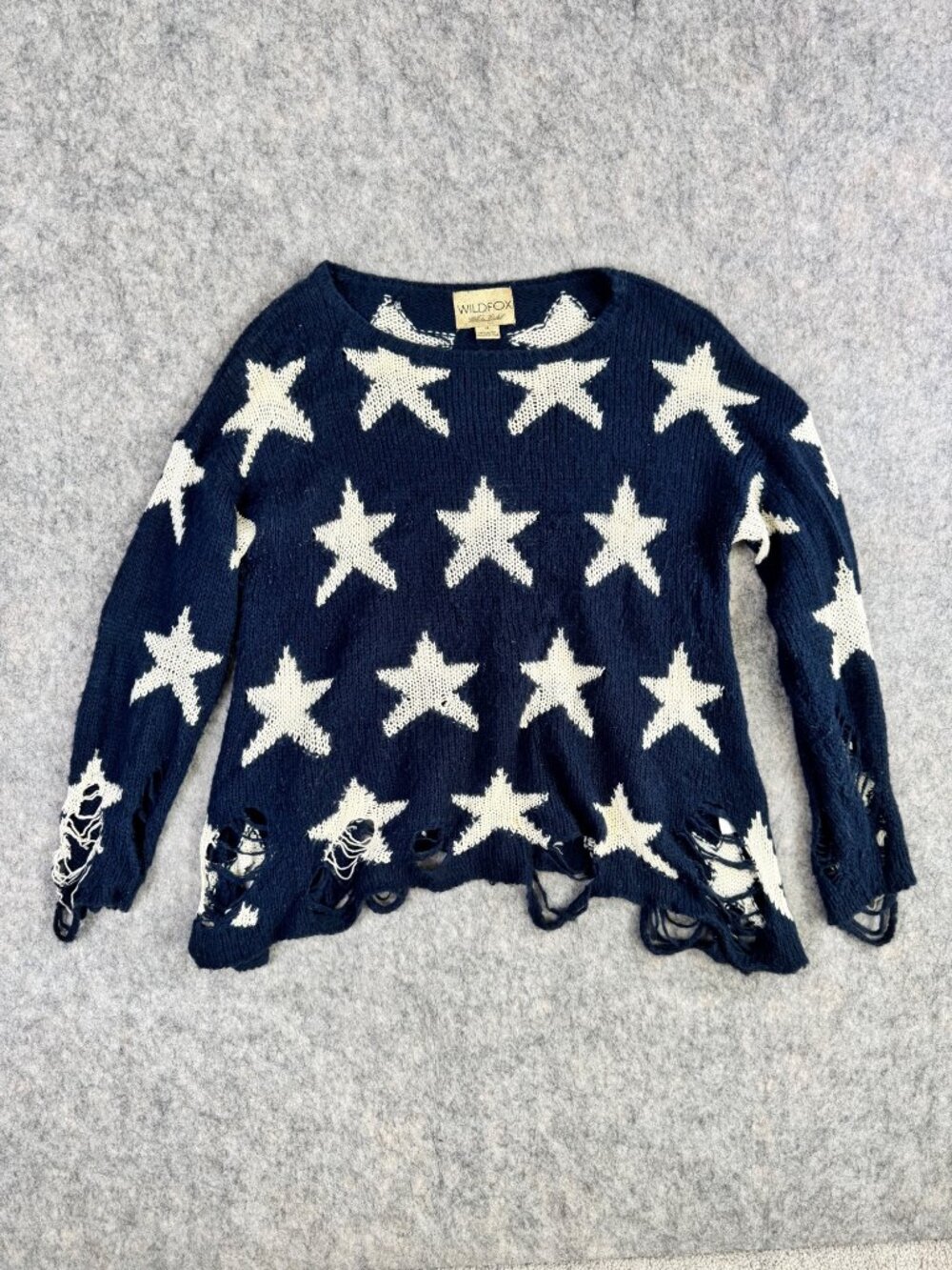Wildfox White Label Star Sweater Destroyed Lennon Sz M Blue